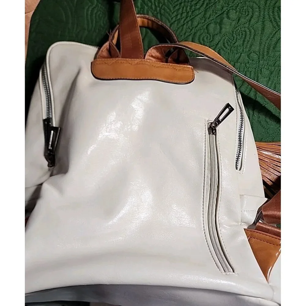 Leather Travel Backpack 2 Toned Tassel Opage No Shoulder Strap School Work Vacat